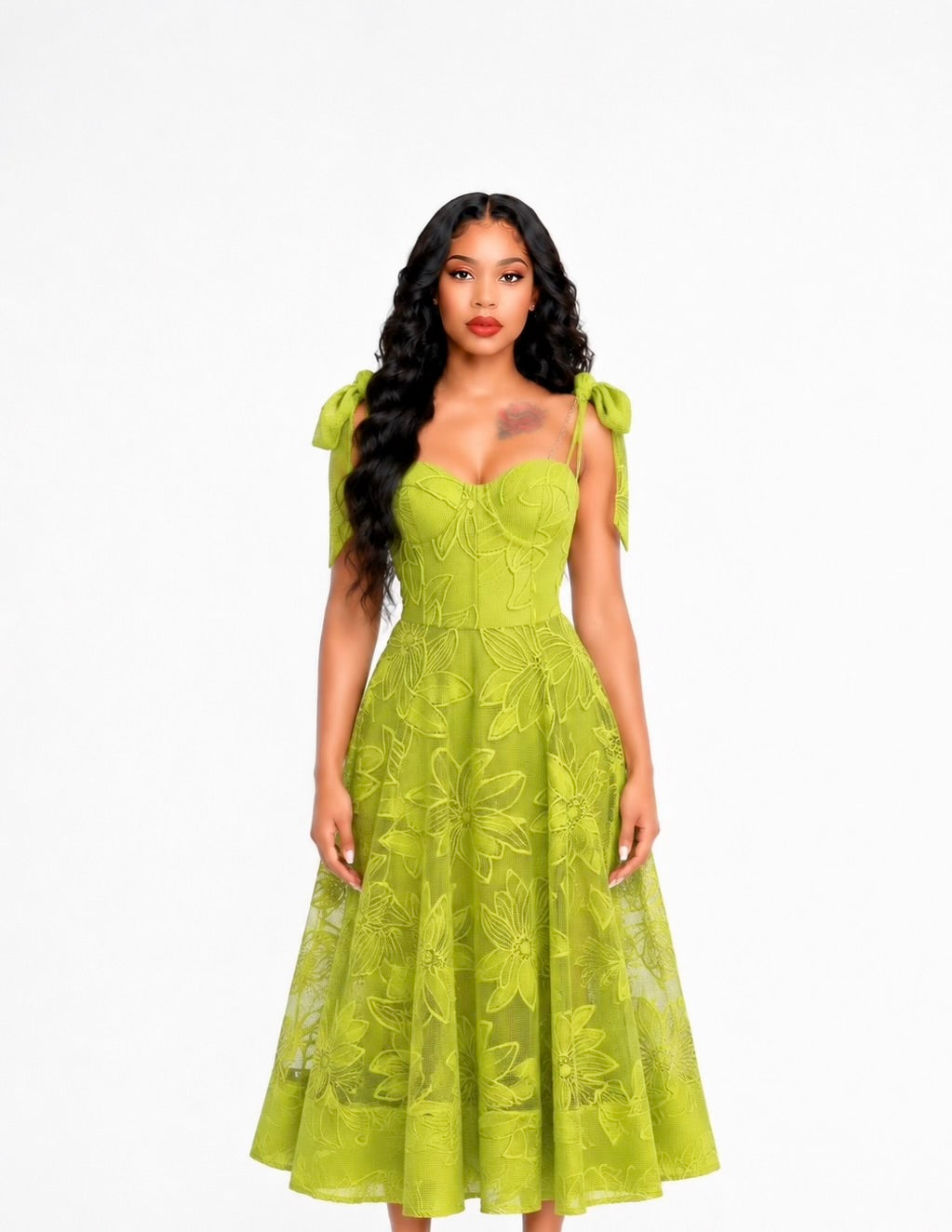 Floral A Line Bustier Midi Dress Green
