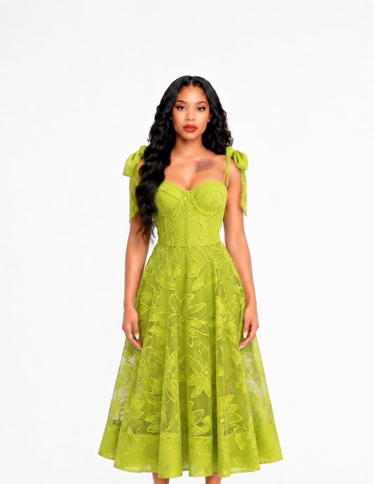 Floral A Line Bustier Midi Dress Green