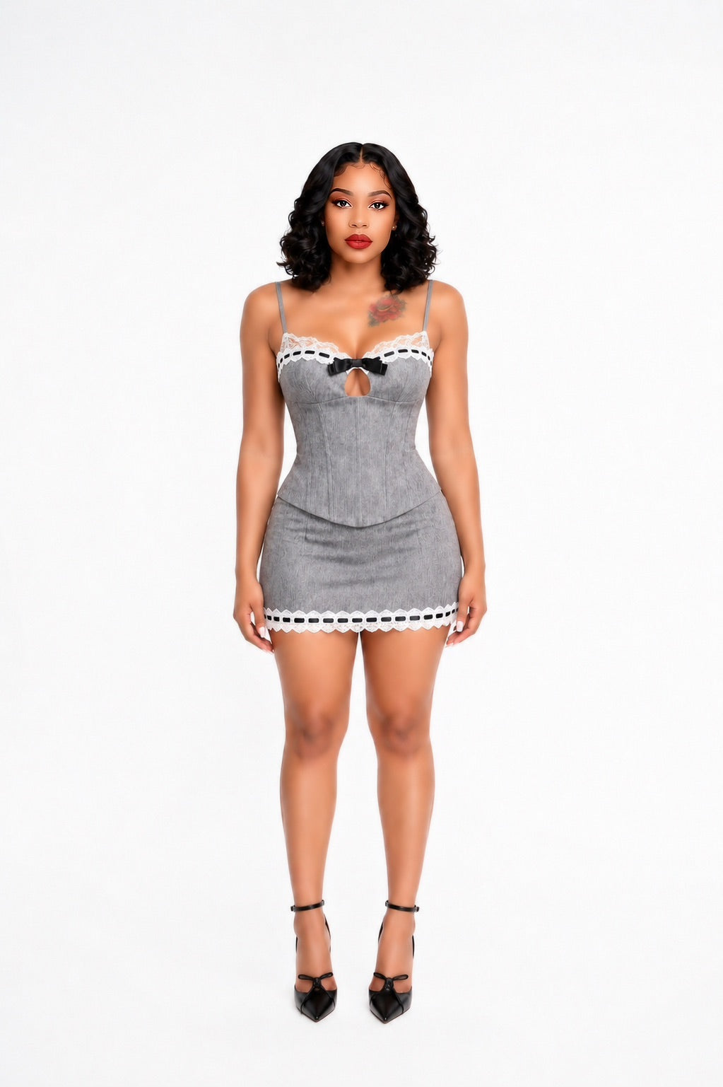 Lace Trim Two Piece Dress Grey