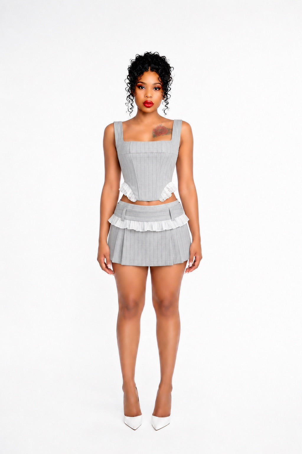 Ruffle Detail Corset Two Piece Dress Light Grey