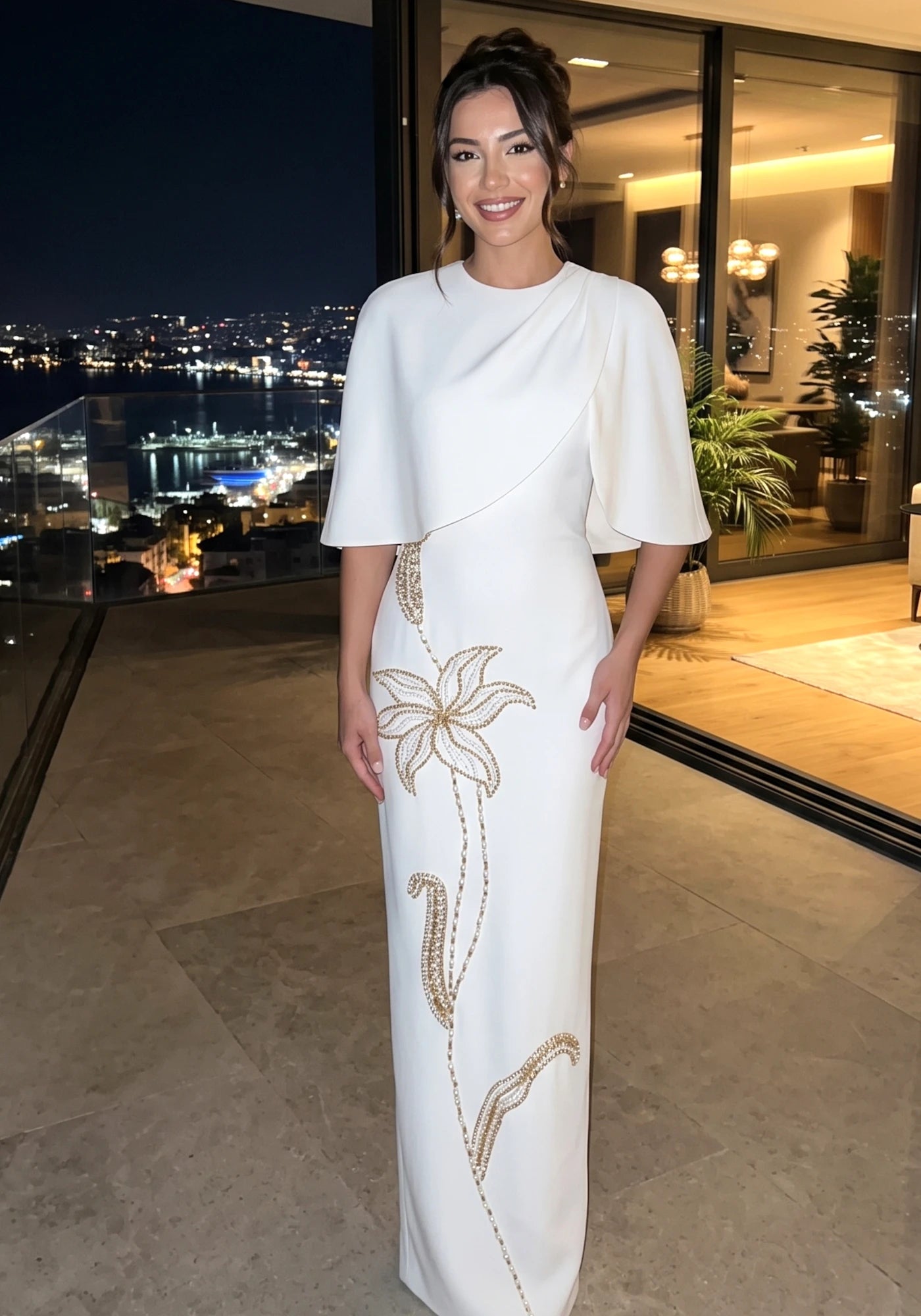 Cape Detail Floral Embellished Maxi Dress White