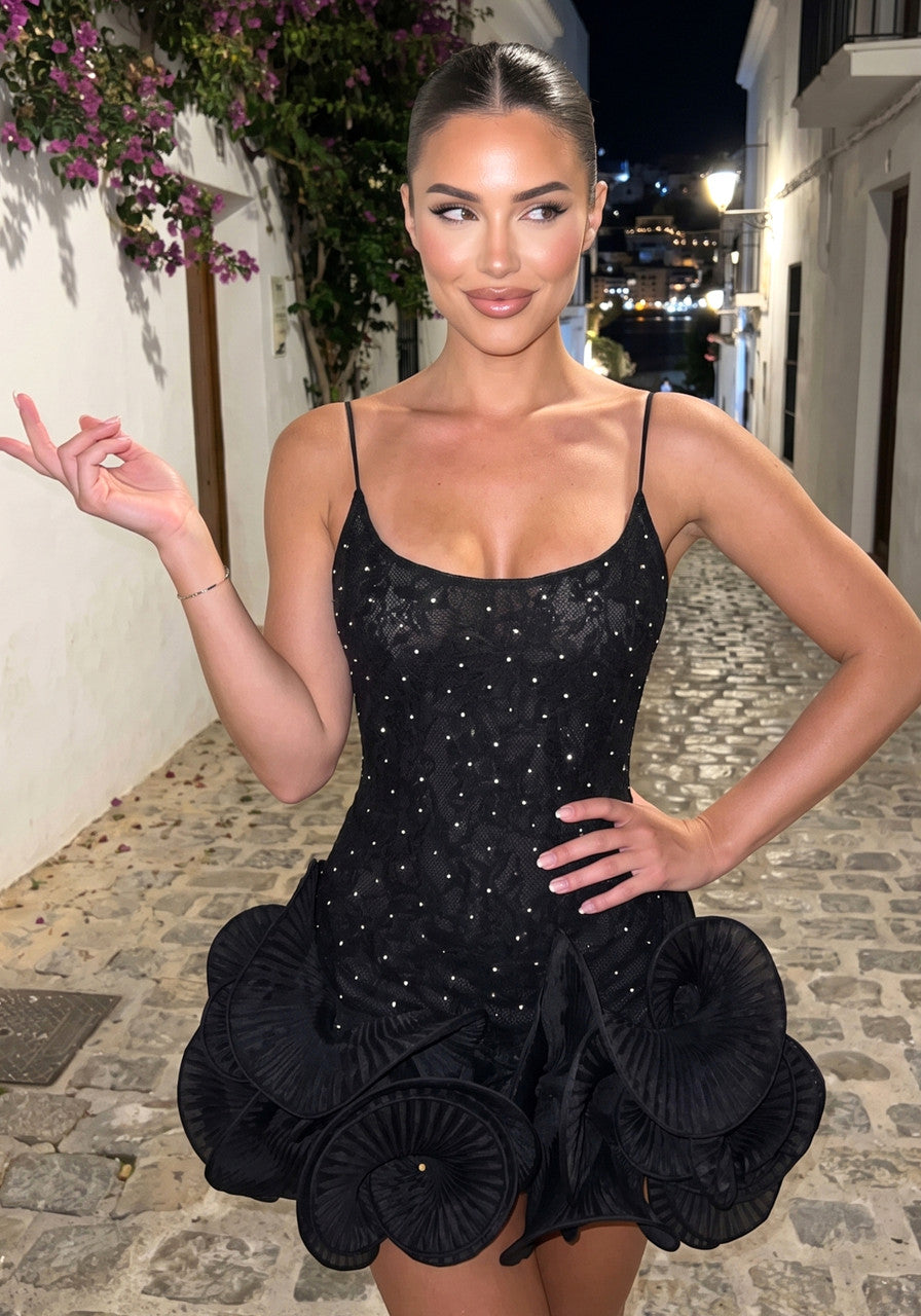 Long Sleeve Pleated Ruffle Dress Black