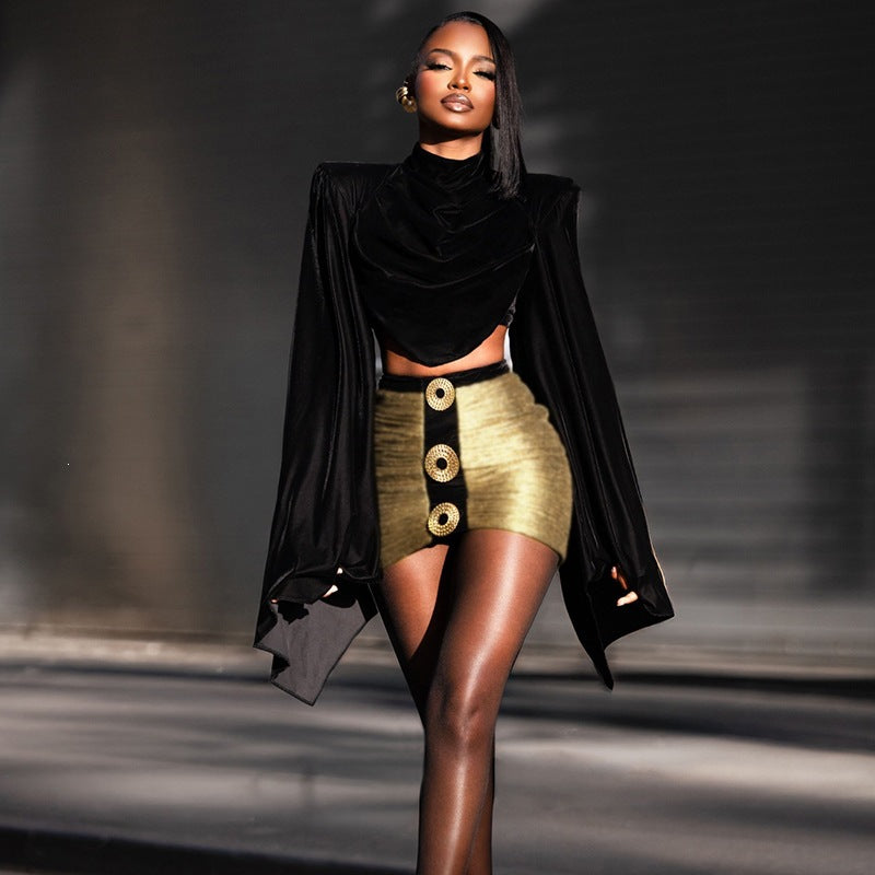 Turtleneck Bell Sleeve Top Sexy Sheath Skirt Two Piece Sets