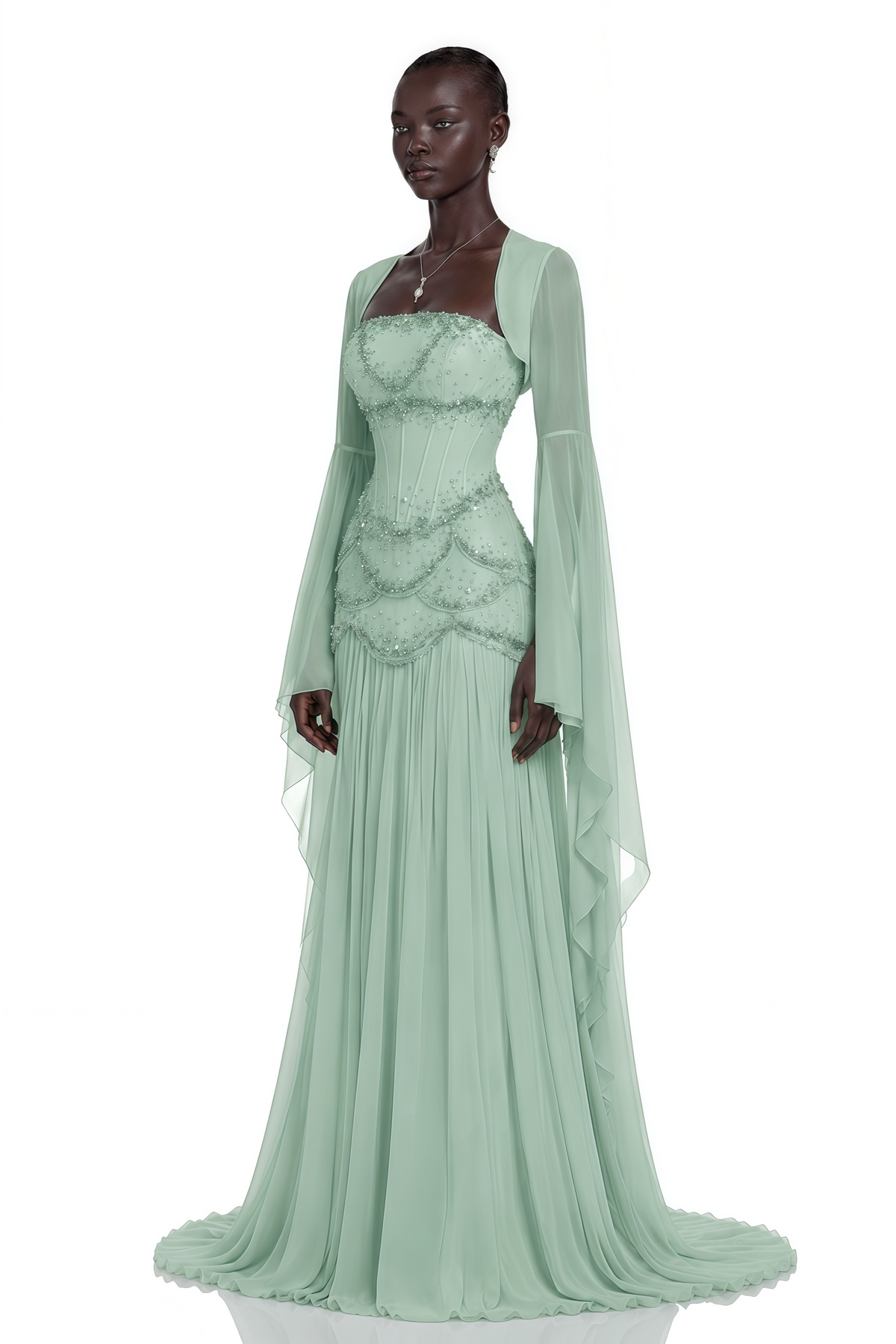 Green Faux-pearl-embellished Pleated Maxi Dress