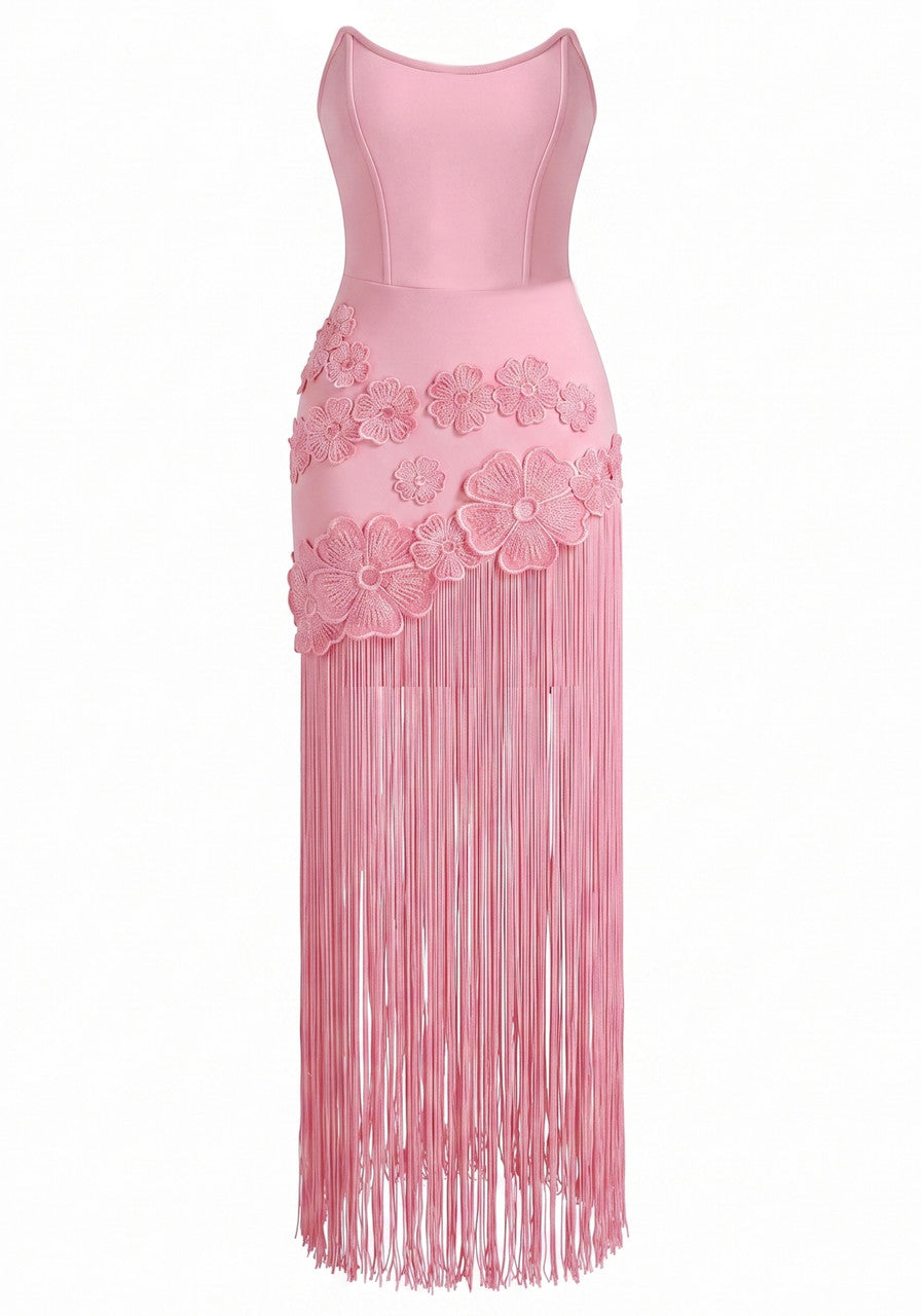 Strapless Floral Tassel Maxi Dress Pink