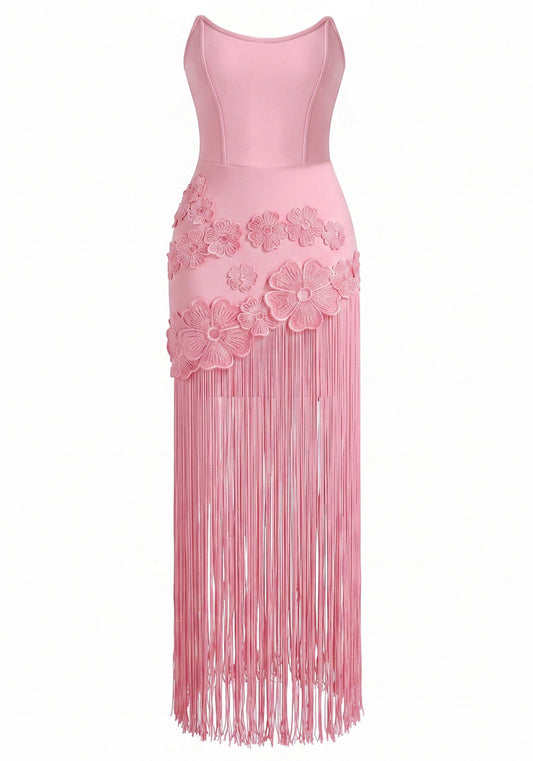 Strapless Floral Tassel Maxi Dress Pink