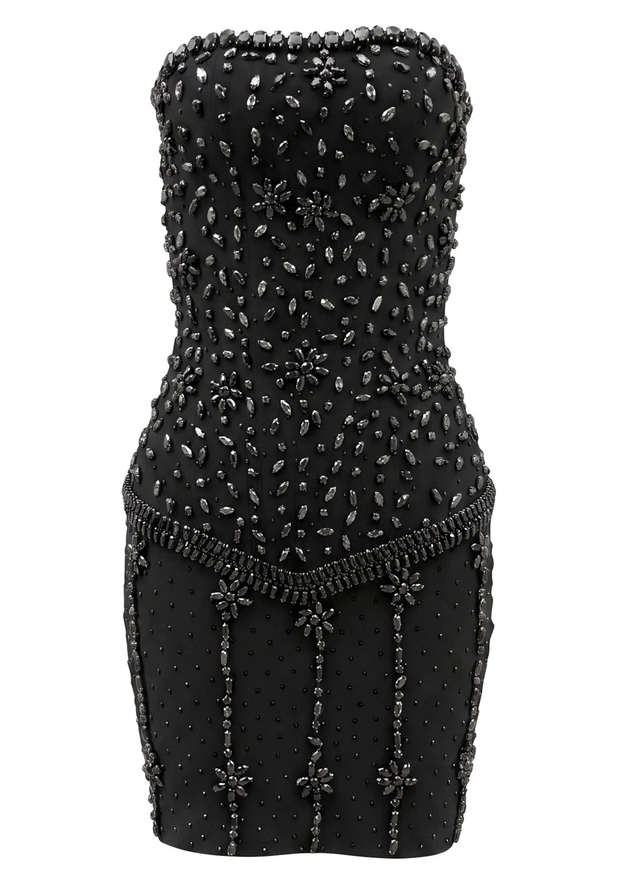 Strapless Crystal Embellished Dress Black
