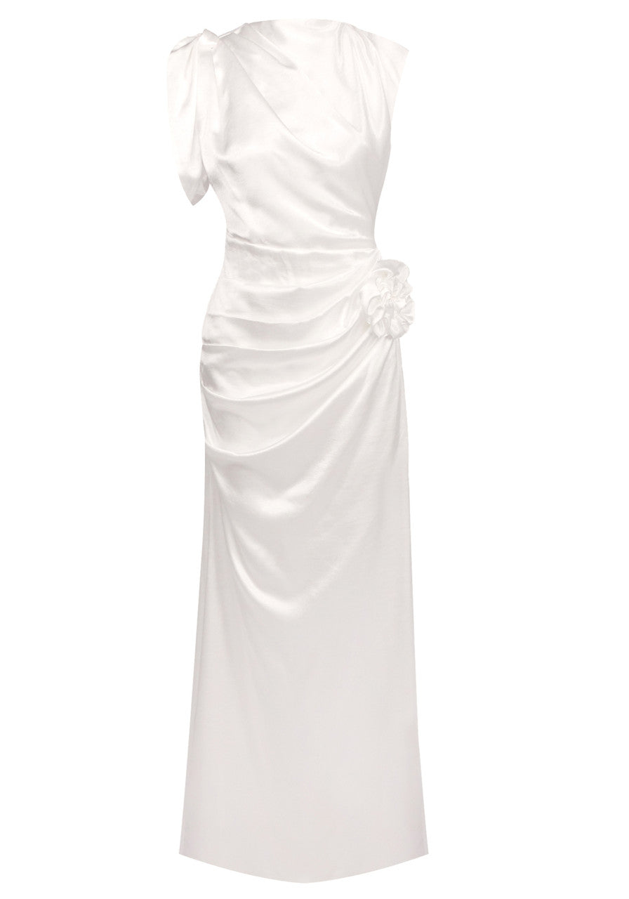 Floral Detail Draped Maxi Dress White