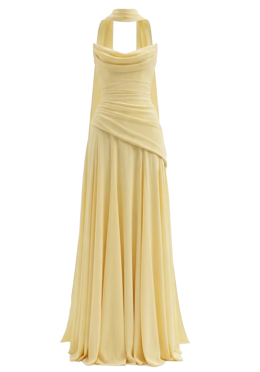 Strapless Draped Corset A Line Maxi Dress Yellow
