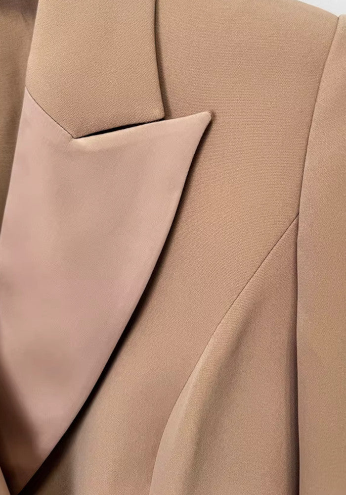 Long Sleeve Ruffle Detail Maxi Blazer Dress Brown