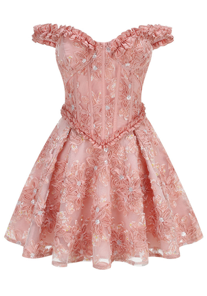 Ruffle Bardot Floral A Line Dress Coral Pink