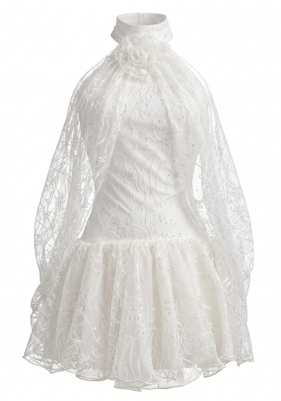Halter Draped Lace A Line Dress White