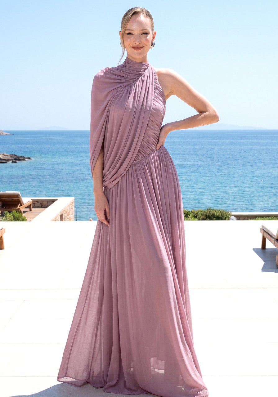 One Sleeve Draped A Line Maxi Dress Pink