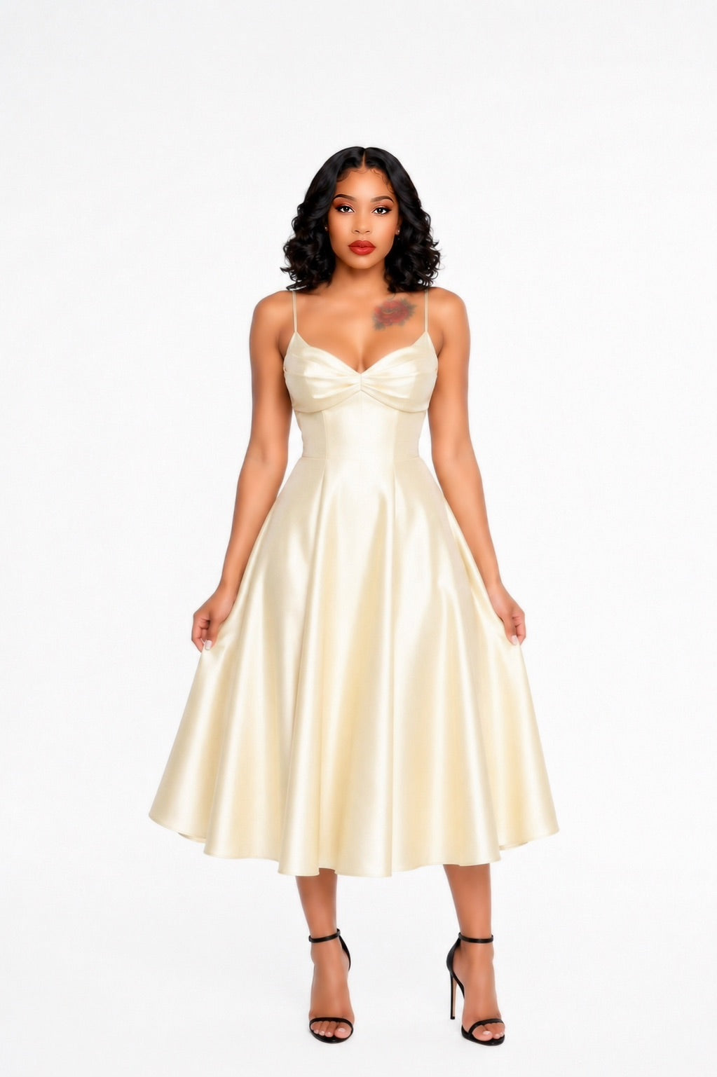 Draped Bustier A Line Midi Dress Yellow