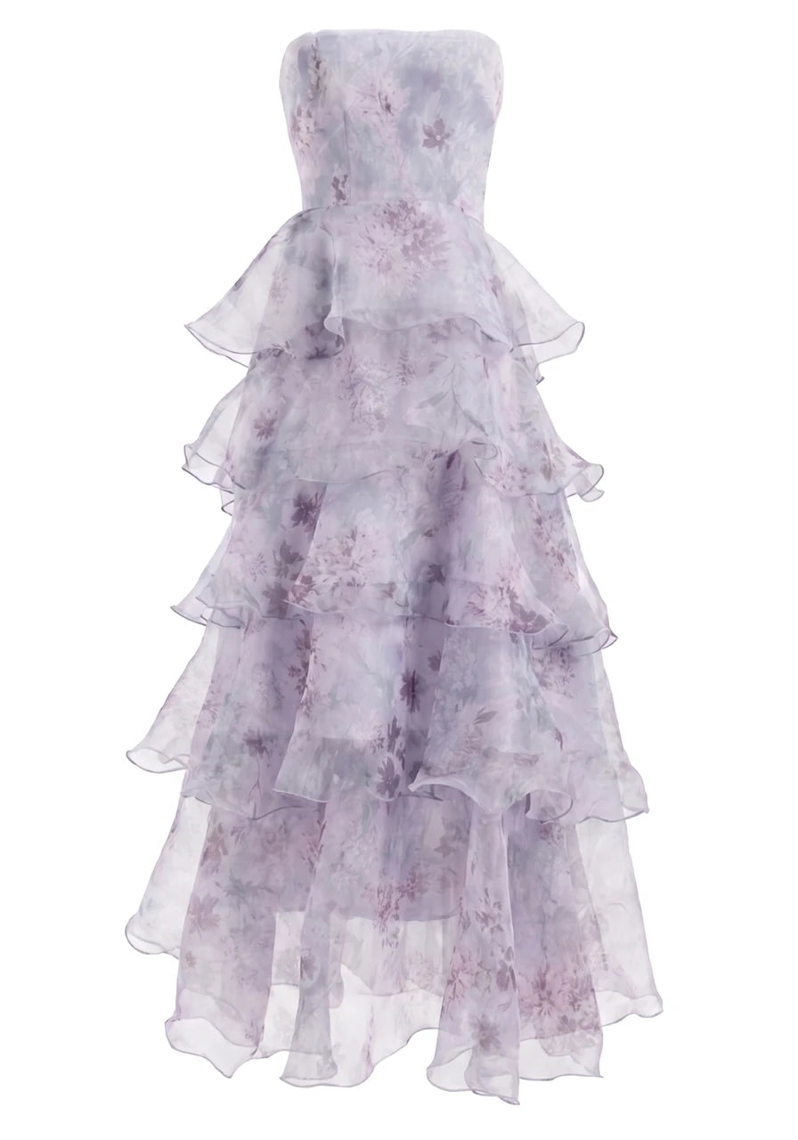 Strapless Floral Detail Ruffle Maxi Dress Lavender