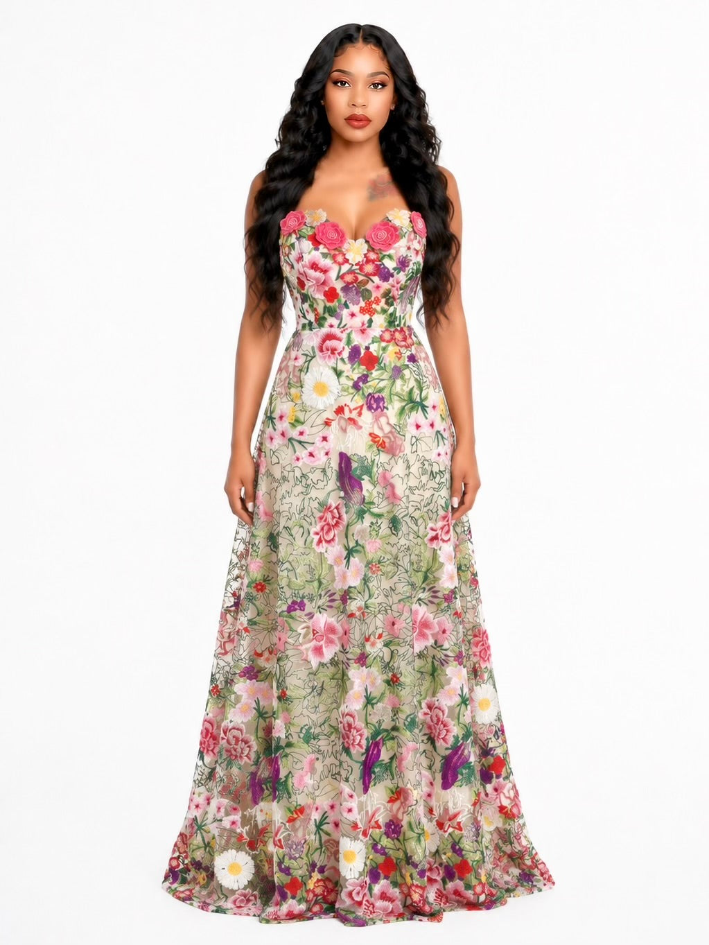 Strapless Floral Embroidered Corset Maxi Dress Hot Pink Green