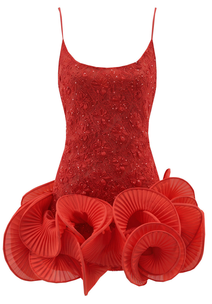 Long Sleeve Pleated Ruffle Dress Red