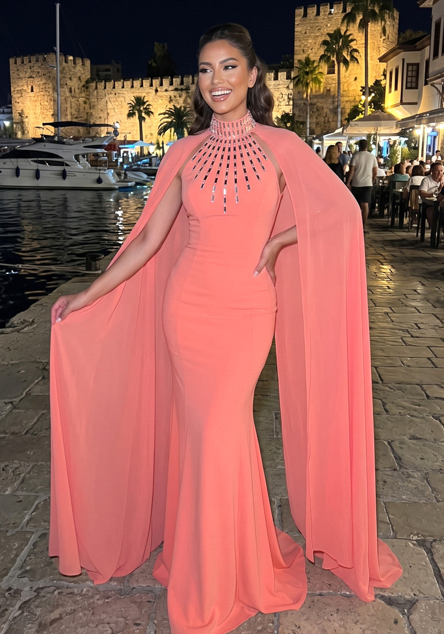Cape Embellished Maxi Dress Coral Red