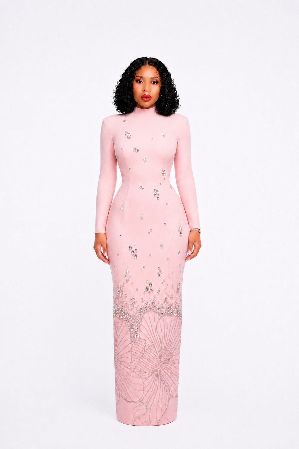 Long Sleeve Crystal Flower Maxi Dress Pink