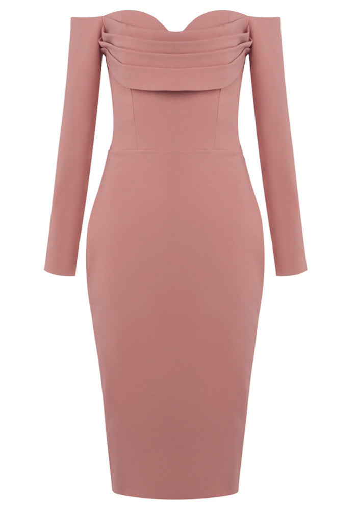 Long Sleeve Draped Bardot Midi Dress Pink