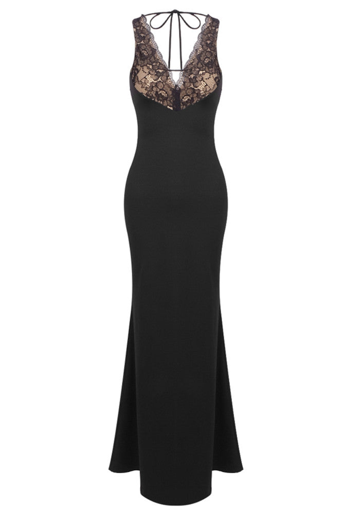 Lace Insert Bustier Maxi Dress Black
