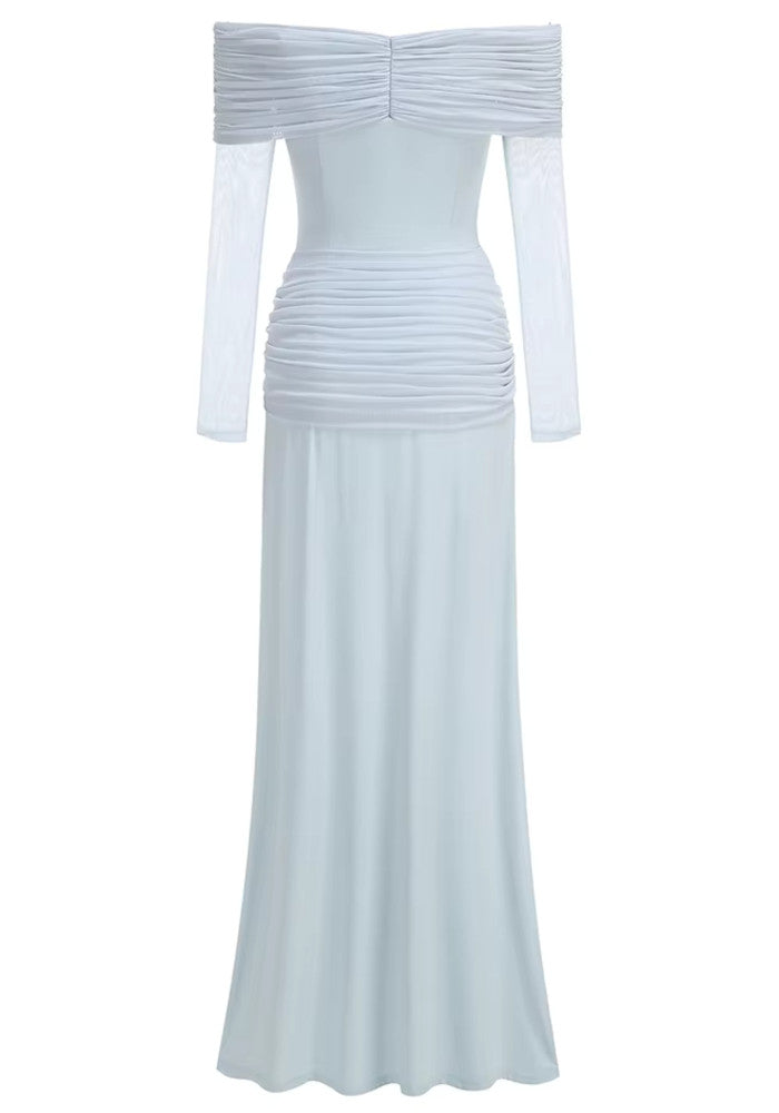 Long Sleeve Draped Bardot Maxi Dress Light Blue
