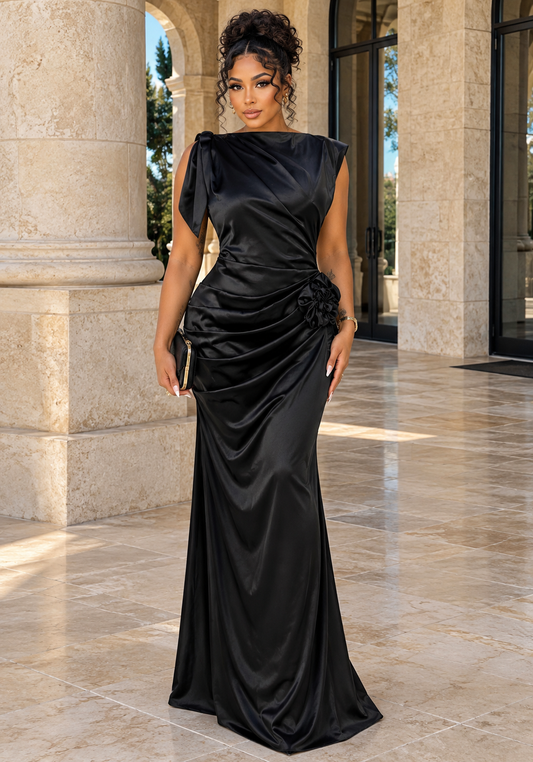 Floral Detail Draped Maxi Dress Black