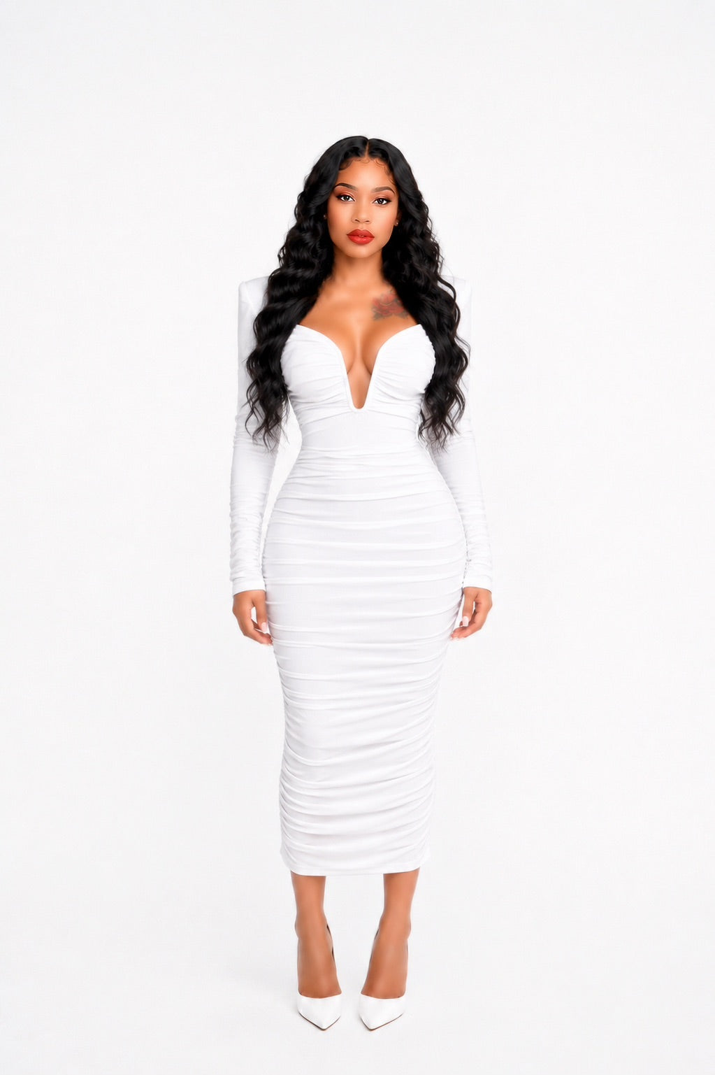 Long Sleeve Bardot Draped Midi Dress White