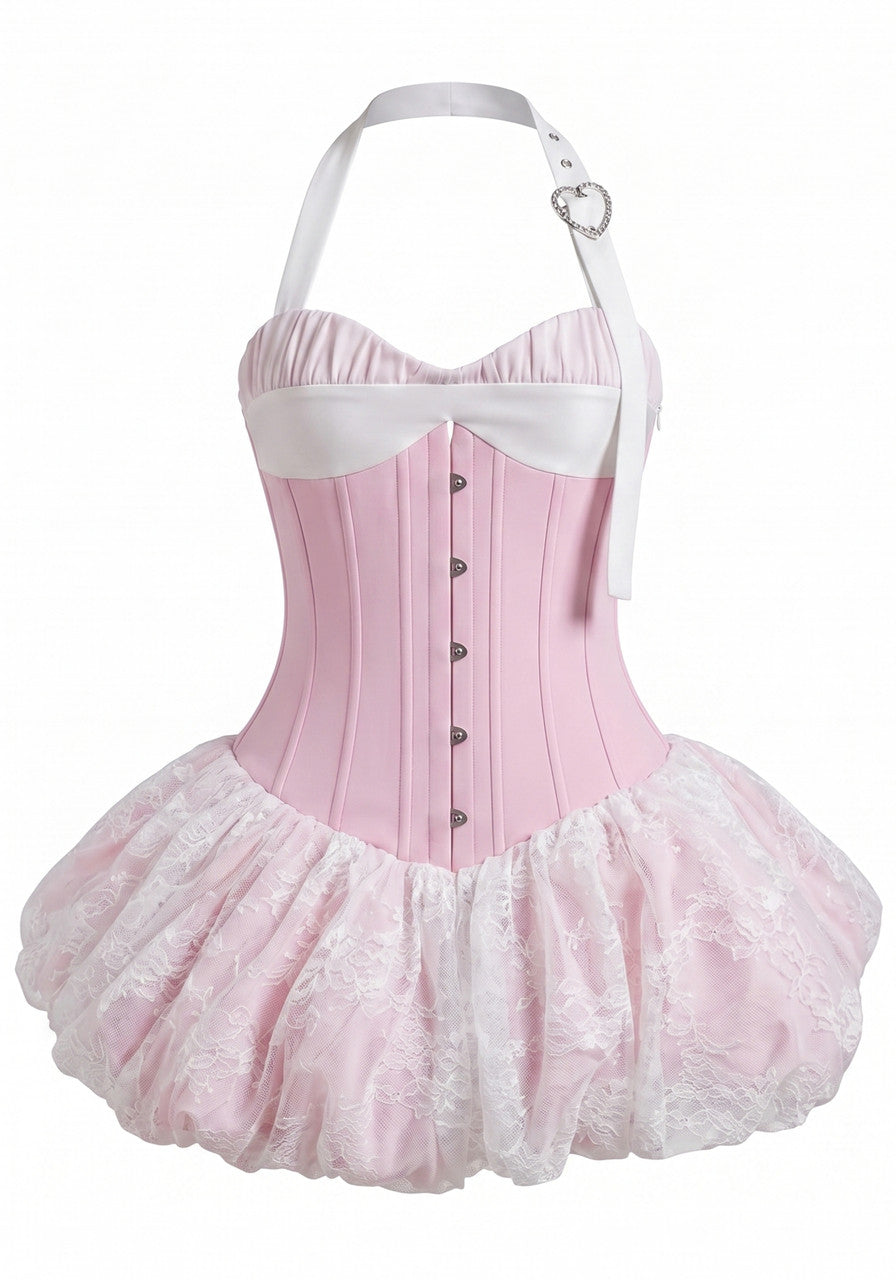 Halter Lace Bubble Corset Dress Pink White