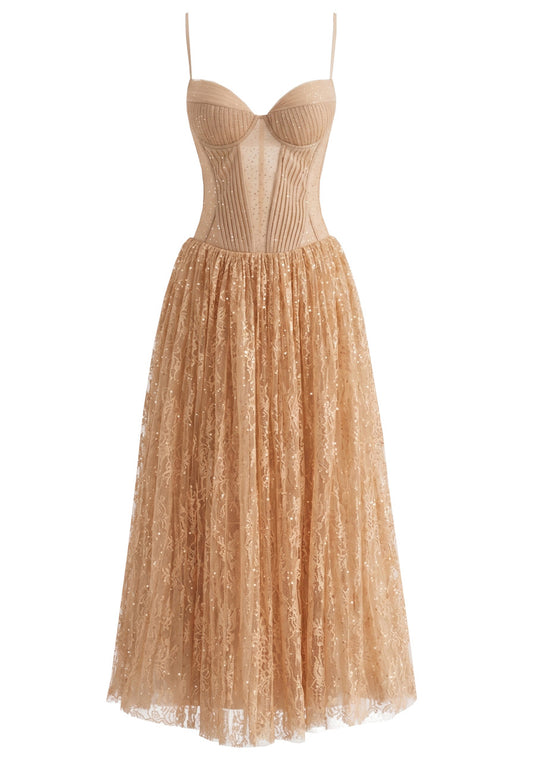 Halter Lace Bustier A Line Maxi Dress Copper
