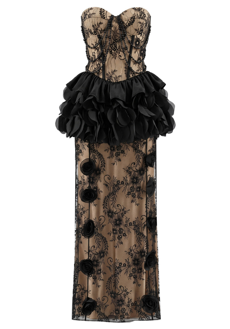 Strapless Petal Detail Lace Maxi Dress Black