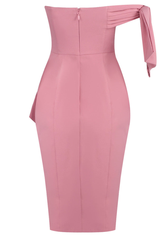 One Shoulder Bardot Ruffle Midi Dress Pink