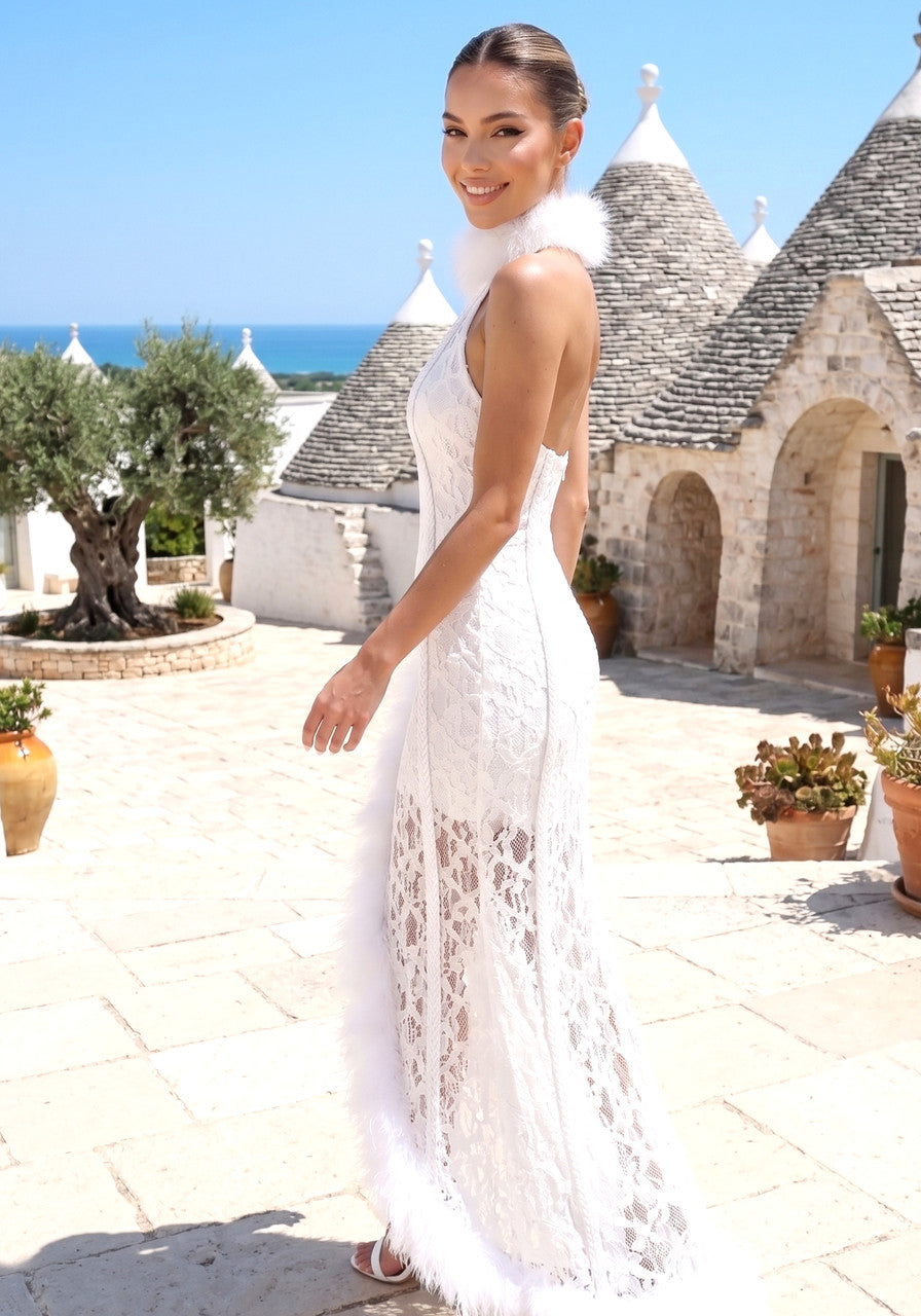 Halter Mesh Ruffle Lace Maxi Dress White