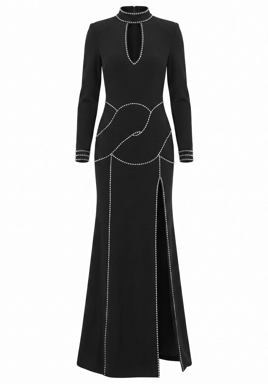 Long Sleeve Embellished Backless Maxi Dress Black