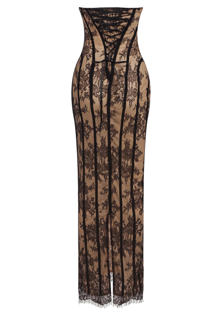 Strapless Structured Lace Corset Maxi Dress Black