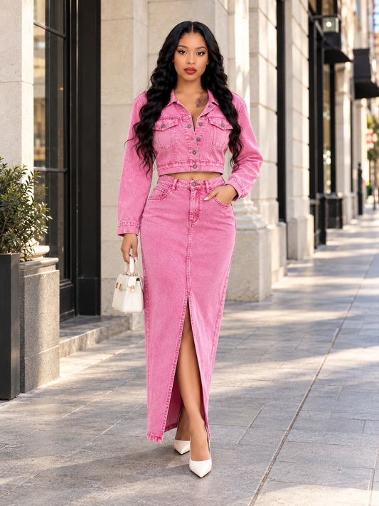 Button Up Jacket and Slit Skirt Denim Set