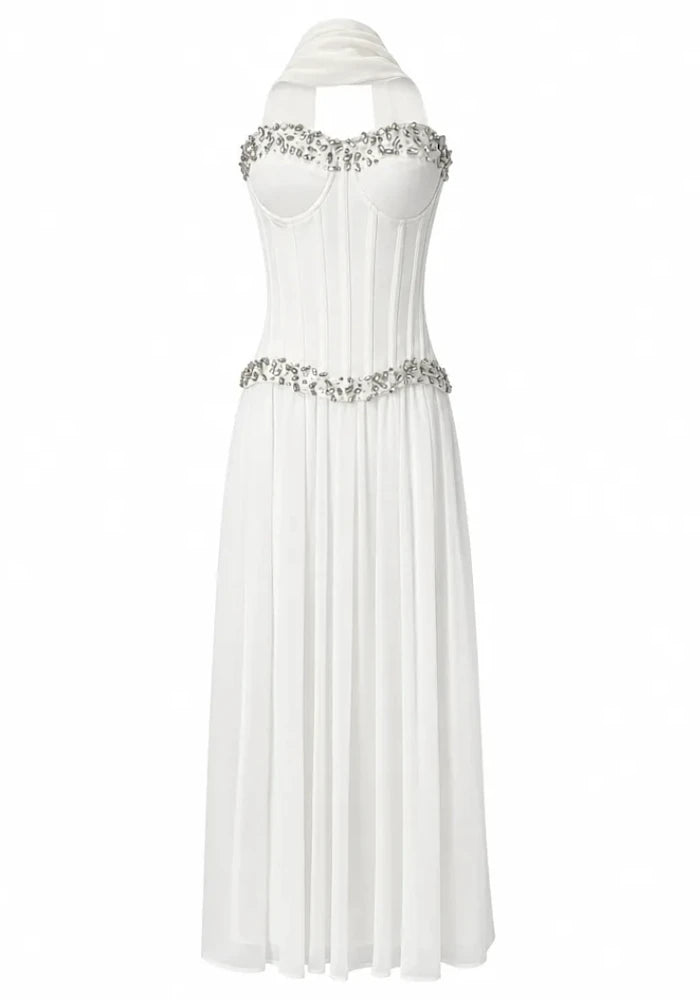 Strapless Embellished Bustier A Line Maxi Dress White