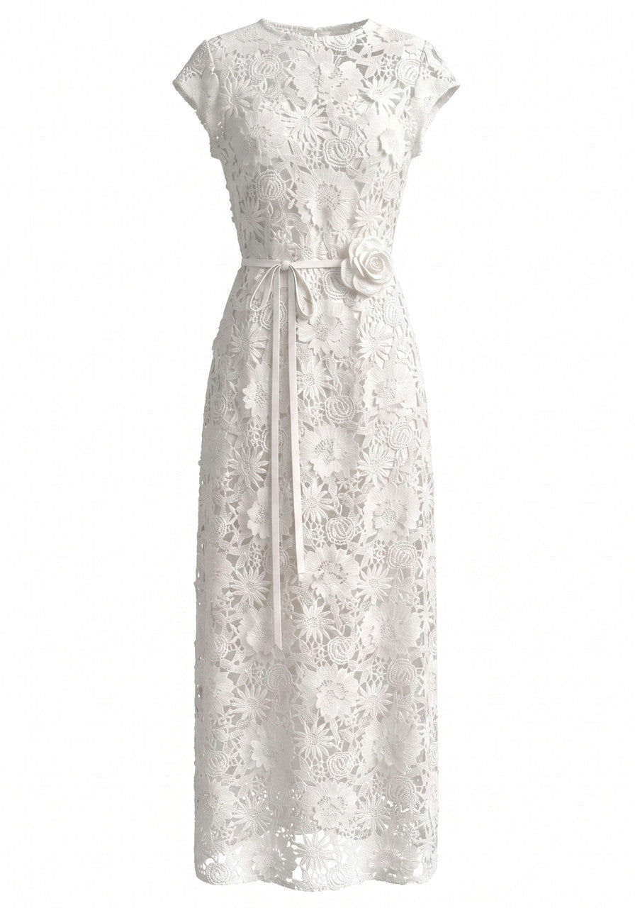 Floral Detail Crochet Maxi Dress White