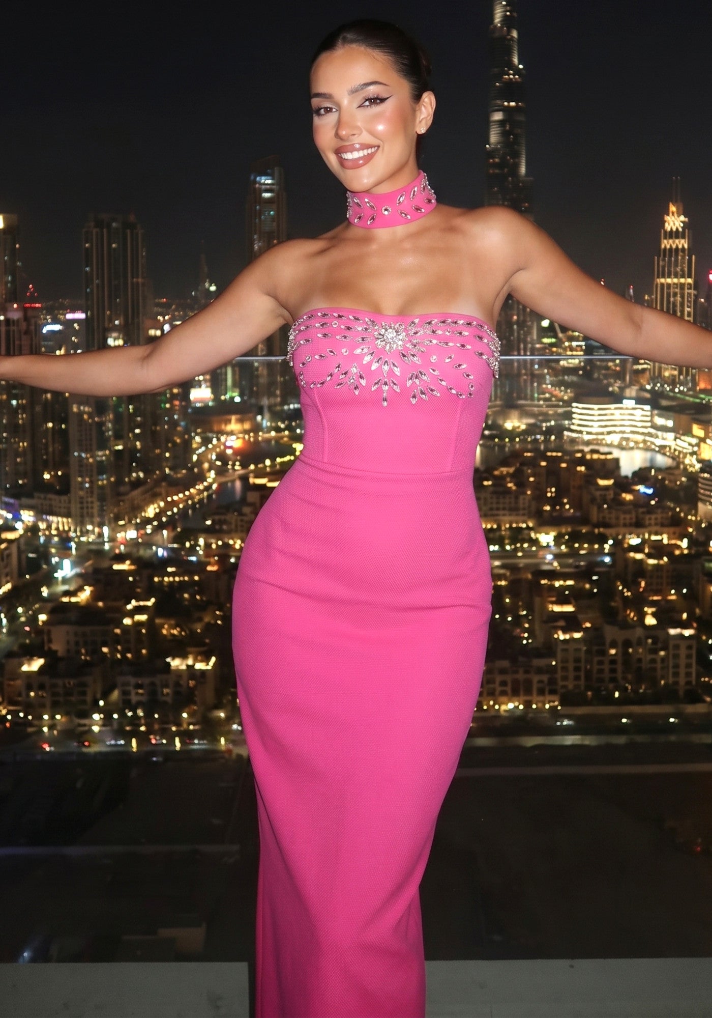 Strapless Crystal Choker Maxi Dress Hot Pink