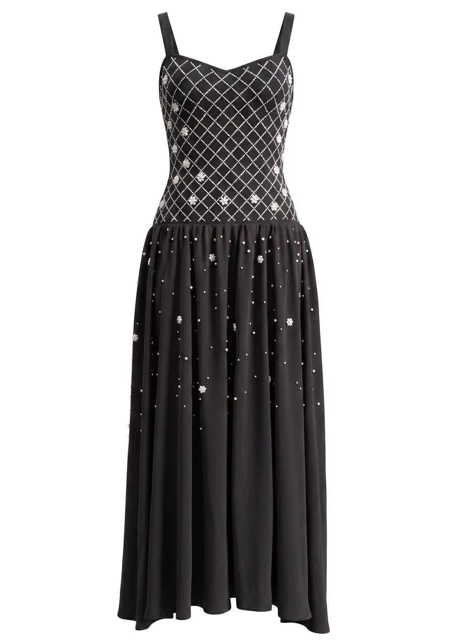 Crystal Embellished A Line Maxi Dress Black