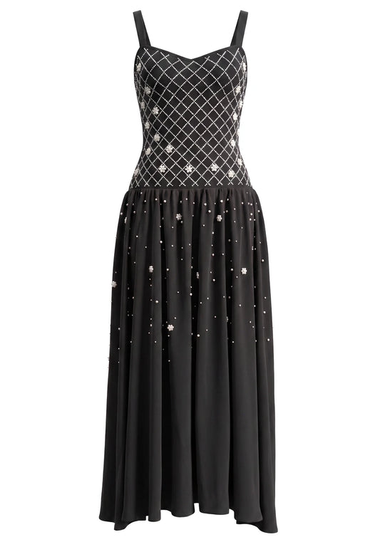 Crystal Embellished A Line Maxi Dress Black