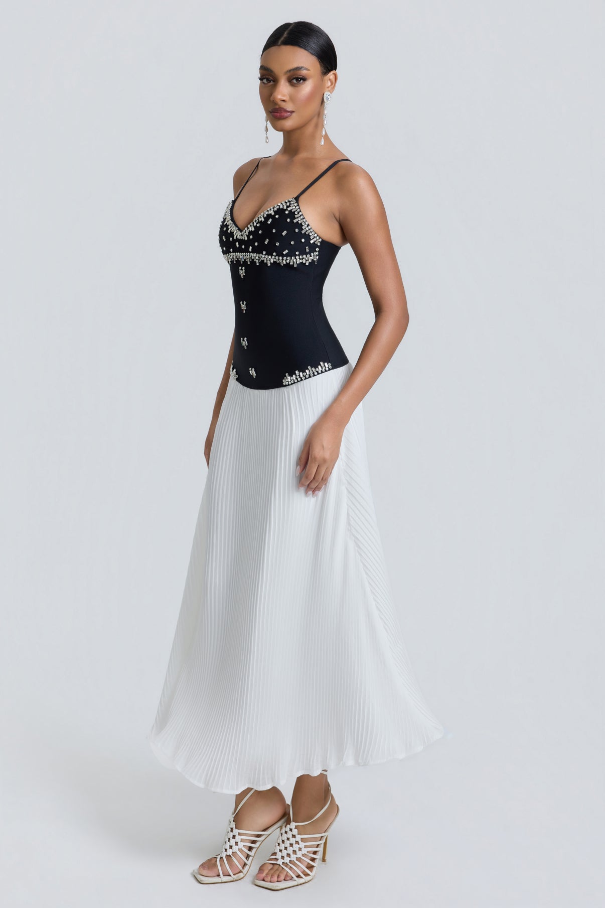 Chiffon midi dress with ribbons, rhinestones and studs