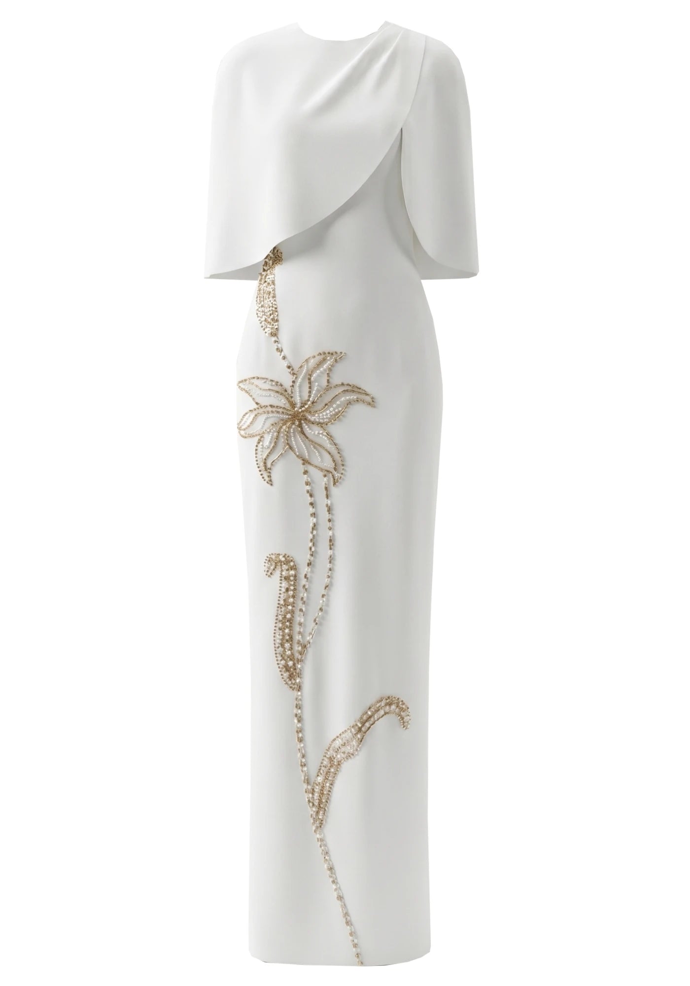 Cape Detail Floral Embellished Maxi Dress White
