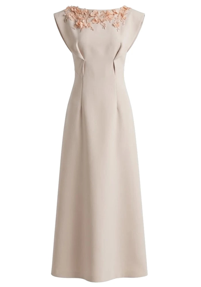 Floral Detail A Line Maxi Dress Nude
