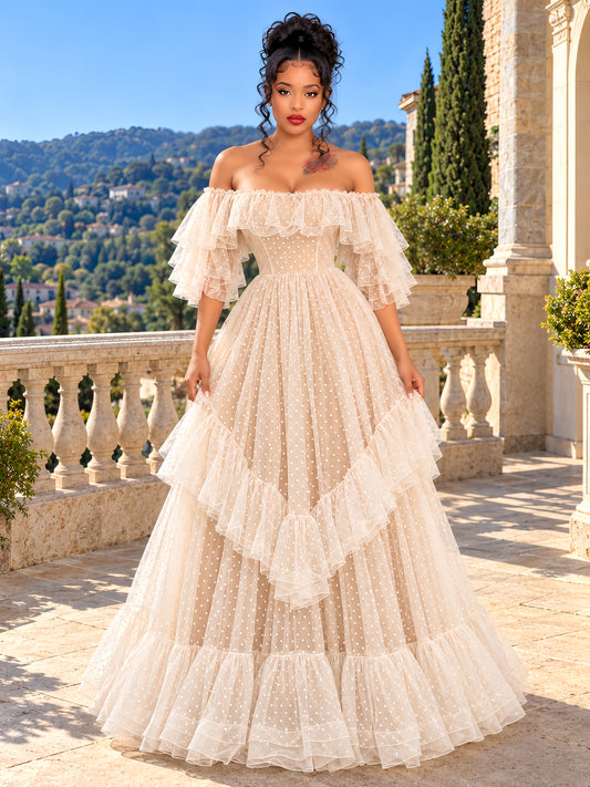 The Cream Polka-Dot Ruffle Gown