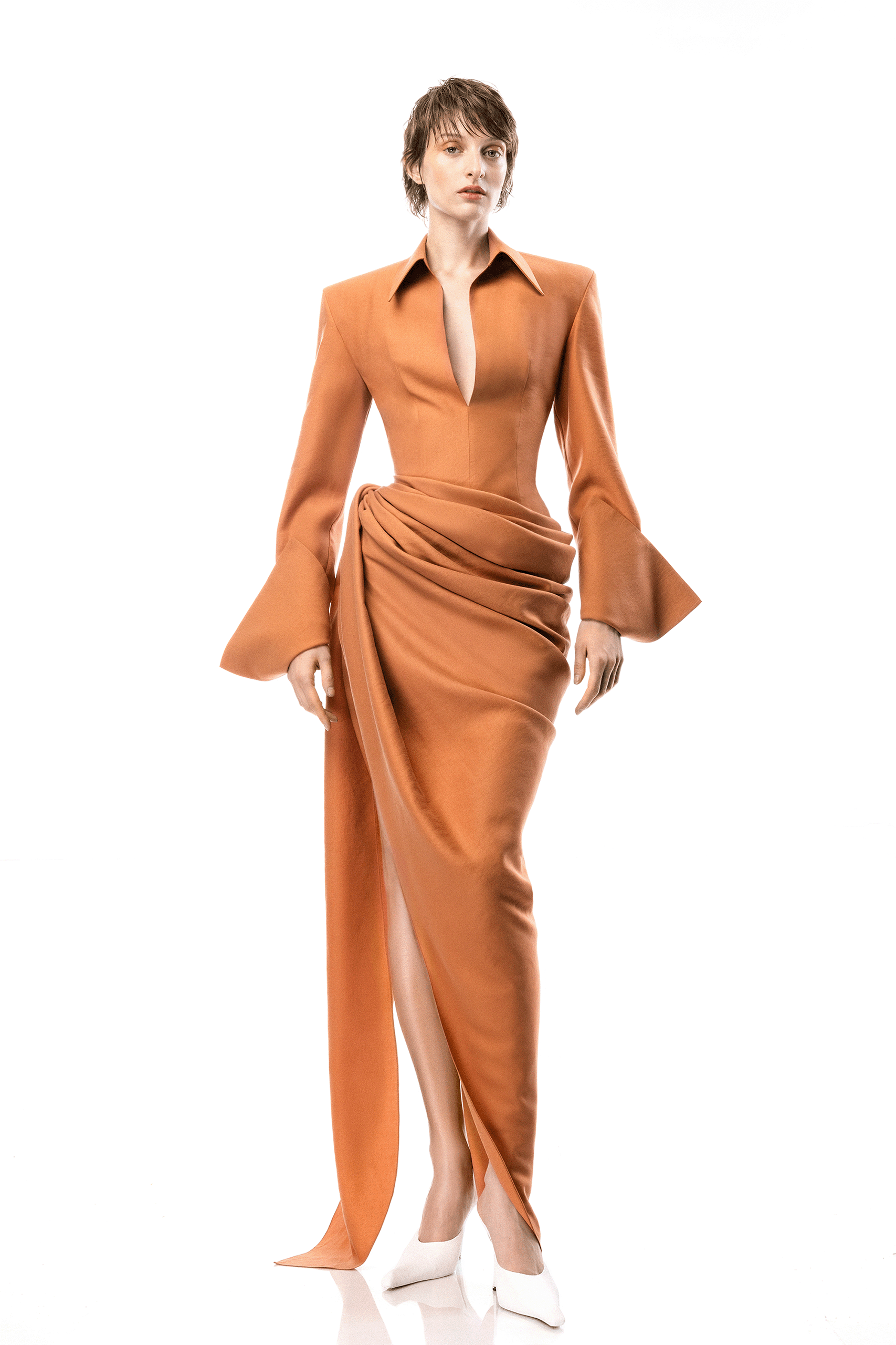 Burnt Orange Draped Satin Maxi Dress