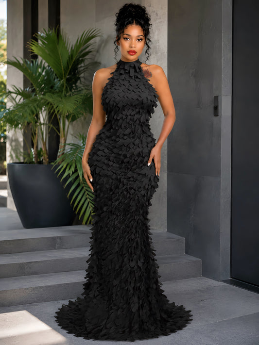 Halter Petal Detail Maxi Dress Black