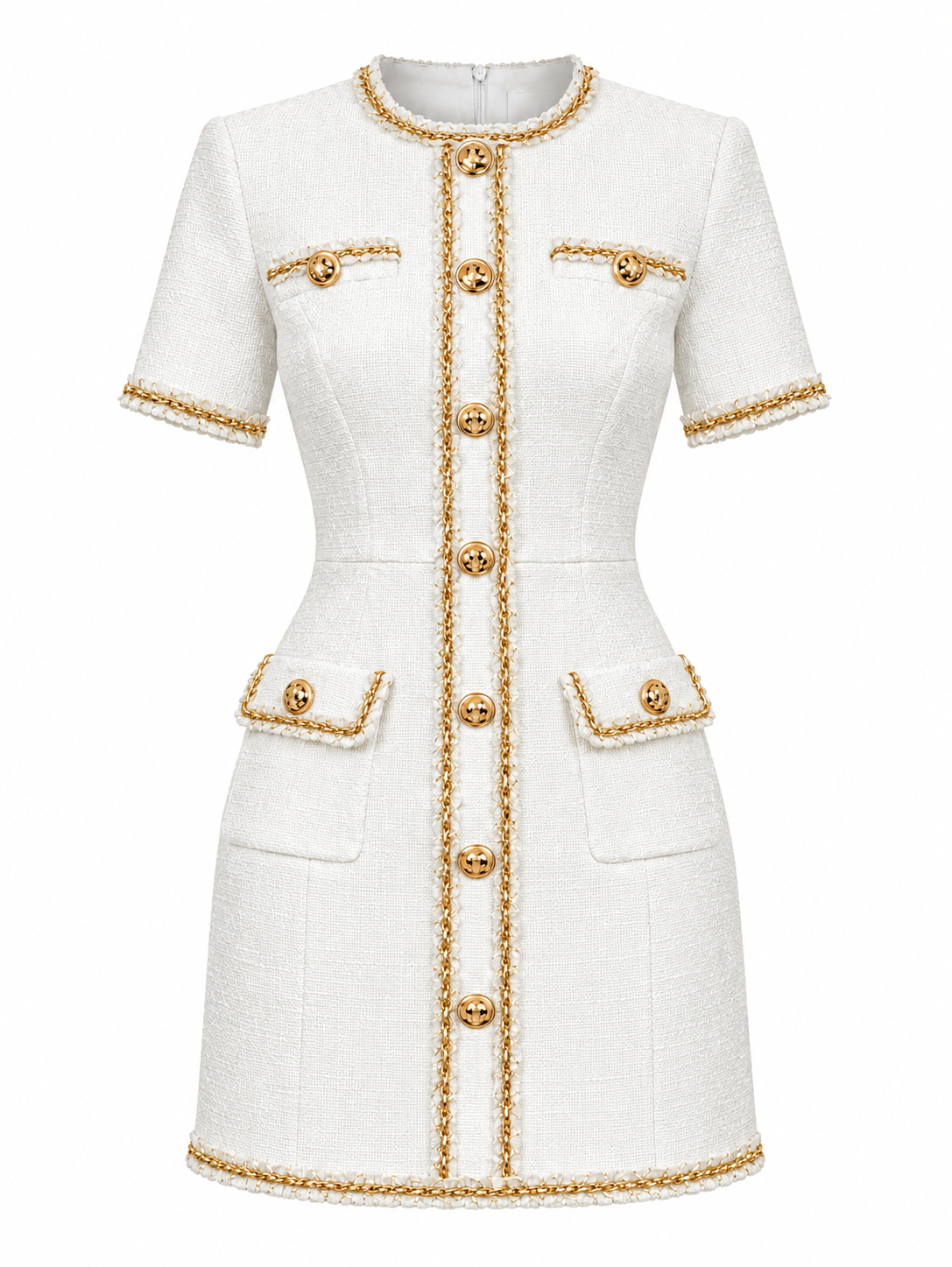 Ivory Prestige Gold-Trim Mini Dress