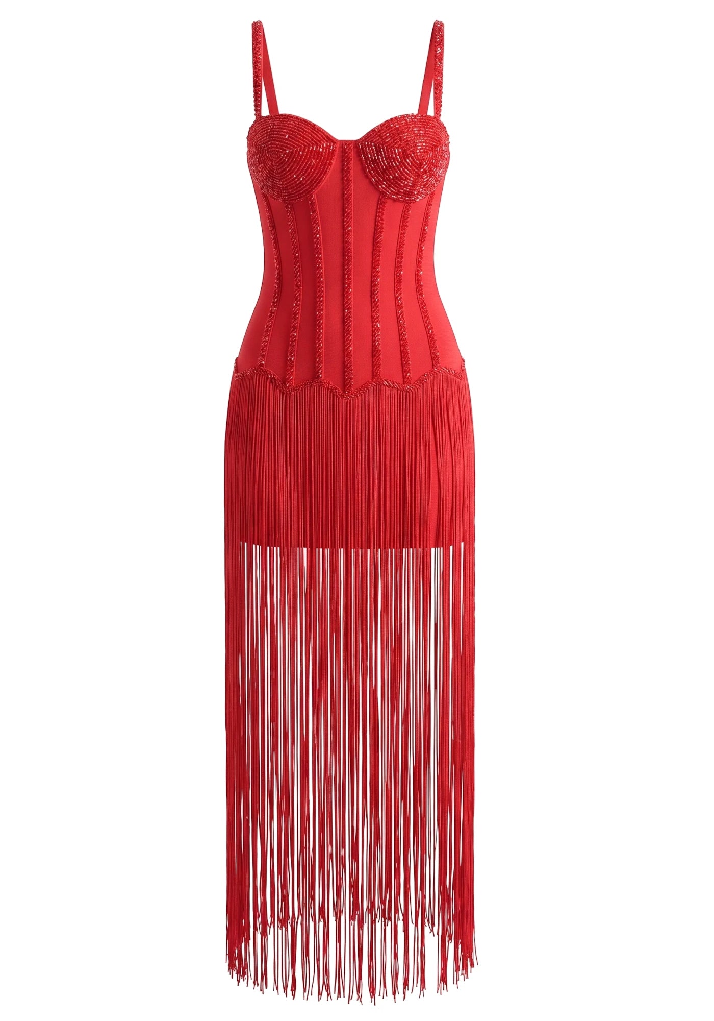Embellished Bustier Tassel Maxi Dress Red