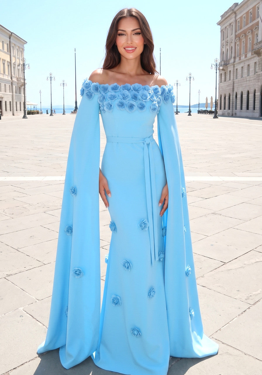 Floral Cape Sleeve Maxi Dress Blue